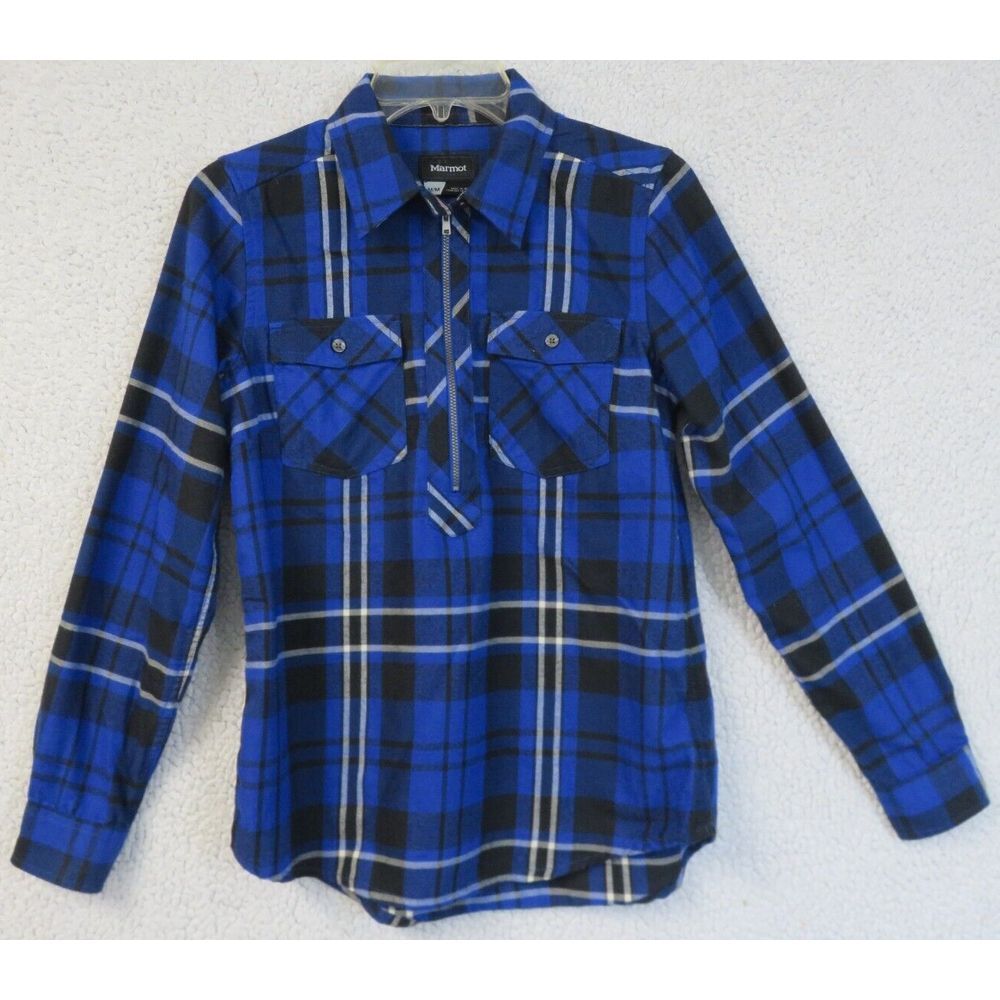 MARMOT Plaid‎ Flannel Shirt 1/2 Zip Long Sleeve Button Front Blue Black Size M